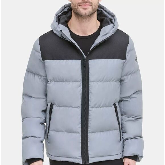 DKNY Silver Grey Men's Mixed-Media Puffer Coat Jacket Small NWOT